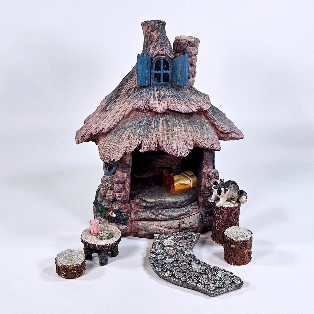Miniature Fairy Garden Cottage Set Resin Woodland House Raccoon Tea Accessories